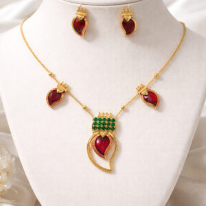 Gold Plated Leaf Design With Red Stone Pendant With Stud Earrings For Women & Girls