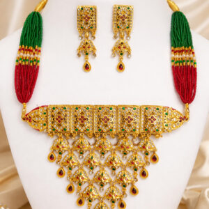 Ethnic Gold Tone Kundan Multicolor Beads Necklace Set for Women & Girls