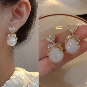 Heart Shape Earrings With White Pearl For Women & Girls