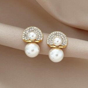 Stylish Gold Finish Pearl Hanging Stud Earrings Women & Girls