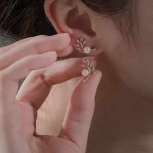 Minimal Leaf Motif Sparkling Stud Earrings For Women and Girls