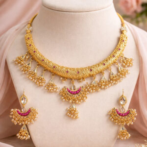 Traditional Gold Plated Rajwadi Necklace Set with Earrings for Women & Girls
