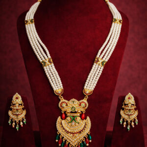 Traditional Antique Gold Long Pearl Necklace Set With Heavy Pendant and Matching Errings For Women & Girls