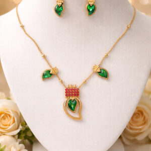 Gold Plated Leaf Design With Green Stone Pendant With Stud Earrings For Women & Girls