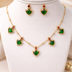 Traditional Ethnic Gold Plated Green Stone Necklace & Earrings Set for Women & Girls