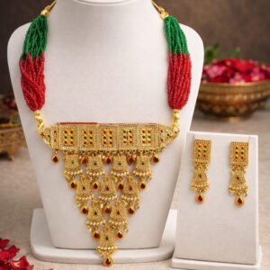 Designer Gold-Plated Necklace Set with Red-Green Beads & Earrings For Women & Girls