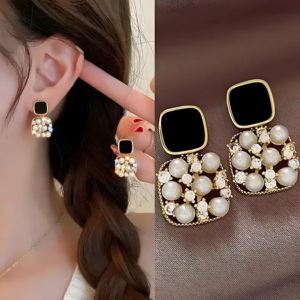 Black Square Pearl Drop Earrings For Women & Girls