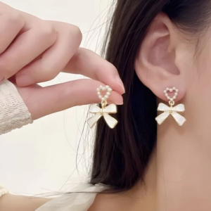 Heart Pearl Drop Bow Design Earrings For Women and Girls