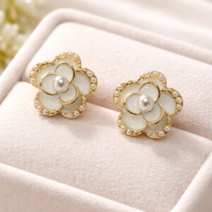 Flower Design With Small White Pearl Stud Earrings For Women & Girls