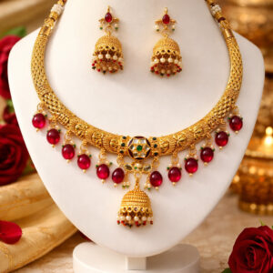 Traditional Gold Plated Kundan Necklace Set with Jhumka Earrings for Women & Girls