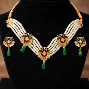 Traditional Gold Plated Pearl Choker Necklace Set With Peacock Design and Green Drop Earrings For Women & Girls