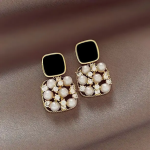 Black Square Pearl Drop Earrings For Women & Girls