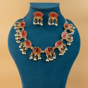 Red Lotus Design Necklace With Earrings Set For Women And Girls