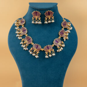 Purple Lotus Design Necklace With Earrings Set For Women And Girls