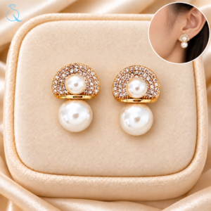 Stylish Gold Finish Pearl Hanging Stud Earrings Women & Girls