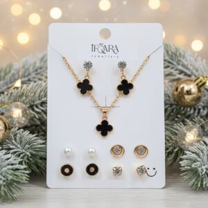 Minimal Black Clover Charm Necklace With 4 Pair Stud Earrings Set For Women and Girls