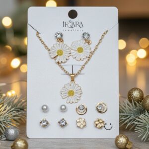 Gold Plated Flower Pendant Necklace With Matching Earrings Combo Set For Women and Girls