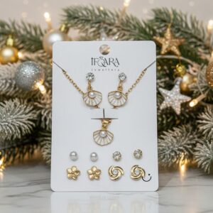 Gold Plated SeaShell Necklace With 4 Pair Stud Earrings Set For Women and Girls