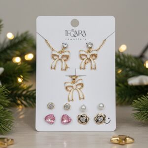 Gold Plated Bow Pendant Necklace With Matching Earrings Combo Set For Women and Girls