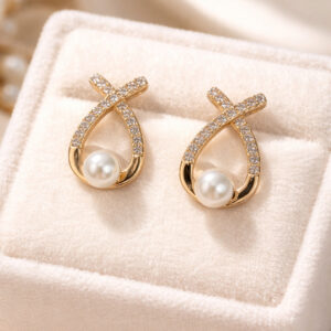 Golden Pearl Cross Stud Earrings Women and Girls Alloy Stud Earring