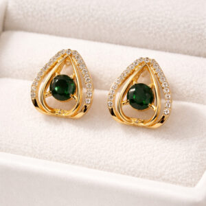 Gold Tone Green Stone Stud Earrings for Women and Girls