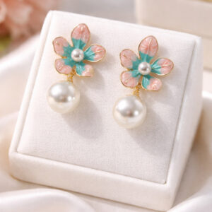 Stylish Pink & Blue Floral Pearl Drop Earrings For Women & Girls