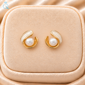 Modern Pearl Stud Earrings with Glossy Gold Finish For Women and Girls