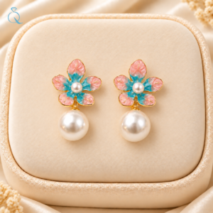 Stylish Pink & Blue Floral Pearl Drop Earrings For Women & Girls