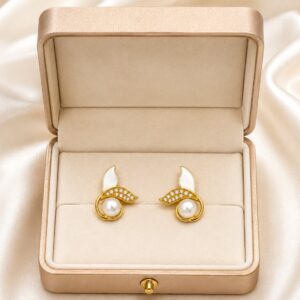 Pearl Leaf Design Gold Plated Stud Earrings for Women and Girls