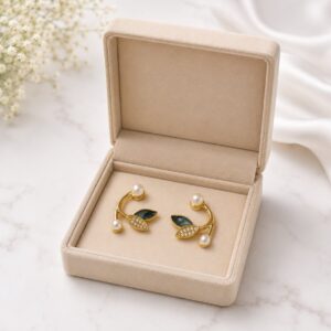 Gold-Plated Pearl and Crystal Leaf Statement Earrings For Women and Girls