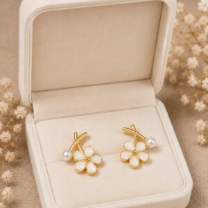 Flower With Pearl Stud Earrings For Women and Girls
