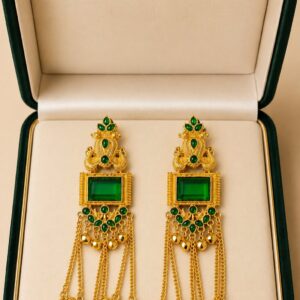 Traditional Green Gold Plated Long Chain Jhumka Earrings for Women and Girls