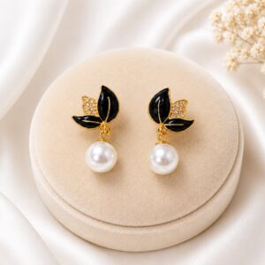 Leaf Design With White Pearl Earrings For Women and Girls