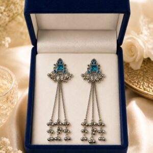 Traditional Silver Blue Kashmiri Earrings For Women and Girls