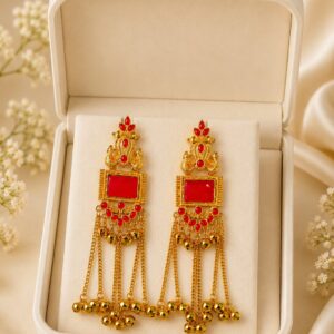 Traditional Red Gold Plated Long Chain Jhumka Earrings for Women and Girls
