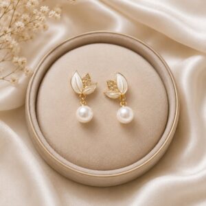 Leaf Design With White Pearl Earrings For Women and Girls