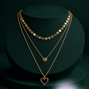 Gold-Tone Triple Layer Heart Pendant Necklace for Women and Girls