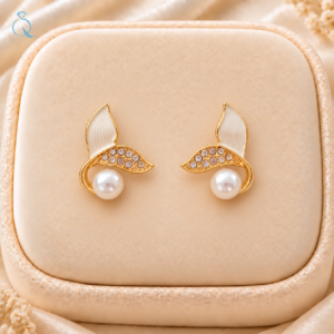 Pearl Leaf Design Gold Plated Stud Earrings for Women and Girls
