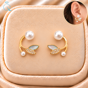 Gold-Plated Pearl and Crystal Leaf Statement Earrings For Women and Girls