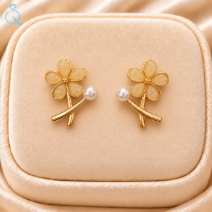 Flower With Pearl Stud Earrings For Women and Girls