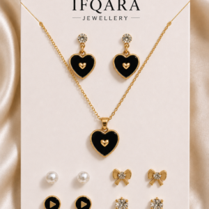 Gold-Tone Heart Design Combo Necklace With Stud Earrings For Women and Girls