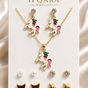 Gold-Tone Unicorn Pendant Combo Necklace With Stud Earrings For Women and Girls