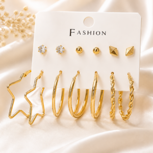 Gold-Tone 6 Pair Stud & Hoop Earrings Combo Set for Women & Girls