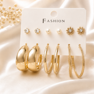 Gold-Tone 6 Pair Stud & Hoop Earrings Combo Set for Women & Girls