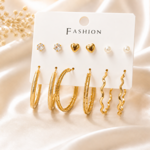 Gold-Tone 6 Pair Stud & Hoop Earrings Combo Set for Women & Girls