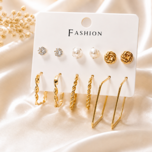 Gold-Tone 6 Pair Stud & Hoop Earrings Combo Set for Women & Girls