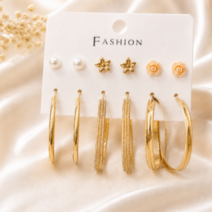 Gold-Tone 6 Pair Stud & Hoop Earrings Combo Set for Women & Girls