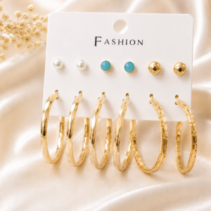 Gold-Tone 6 Pair Stud & Hoop Earrings Combo Set for Women & Girls