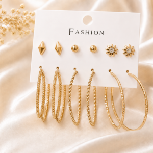 Gold-Tone 6 Pair Stud & Hoop Earrings Combo Set for Women & Girls