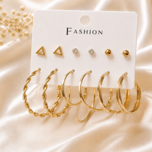 Gold-Tone 6 Pair Stud & Hoop Earrings Combo Set for Women & Girls
